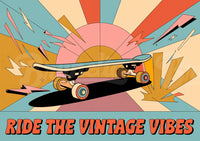 Affiche rétro skateboard avec explosions et soleil rose