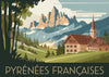 Affiche Église de montagne style art déco Pyrénées