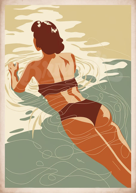 Affiche baigneuse rétro dans l’eau