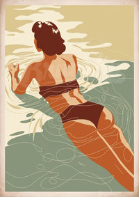 Affiche baignade femme rétro ondulations marines