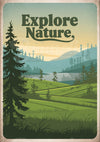 Affiche exploration en forêt et montagne style rétro