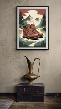 Affiche bottes de randonnée dans la forêt de montagne