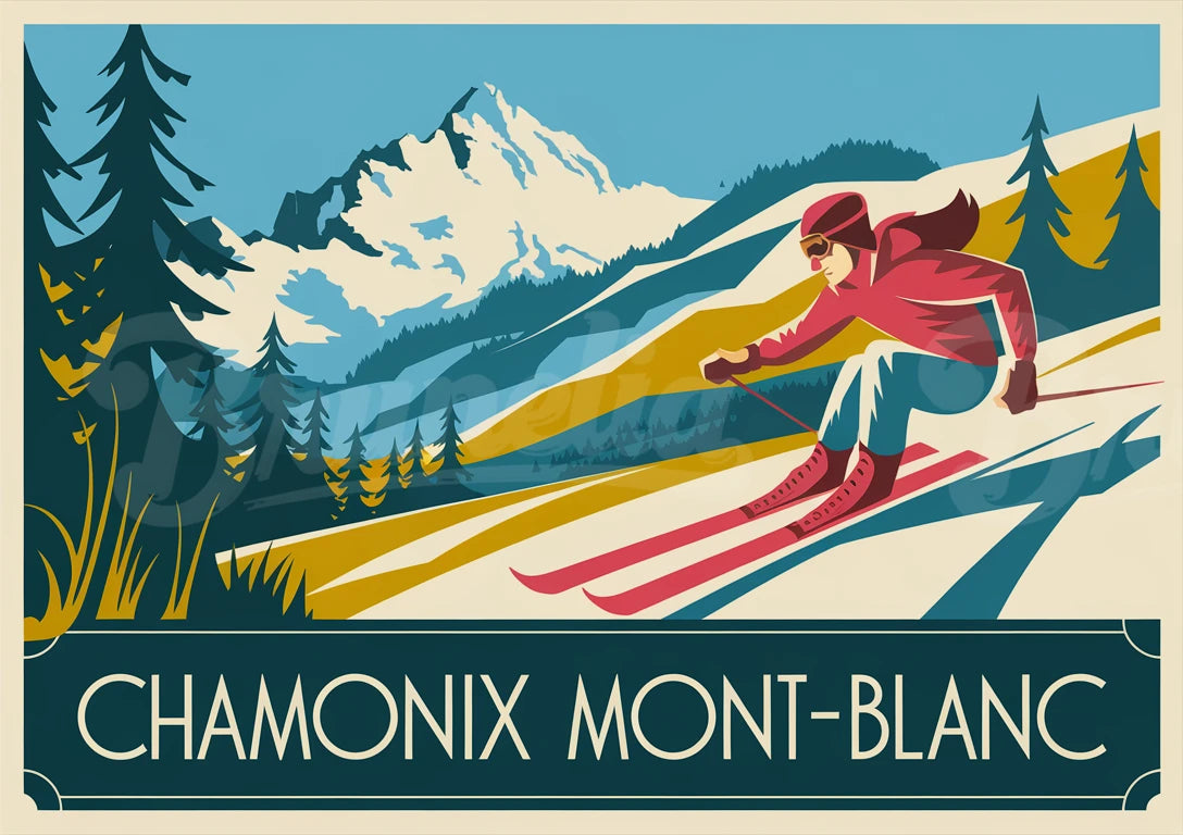 Affiche Chamonix skieur pente Mont-Blanc années 1930