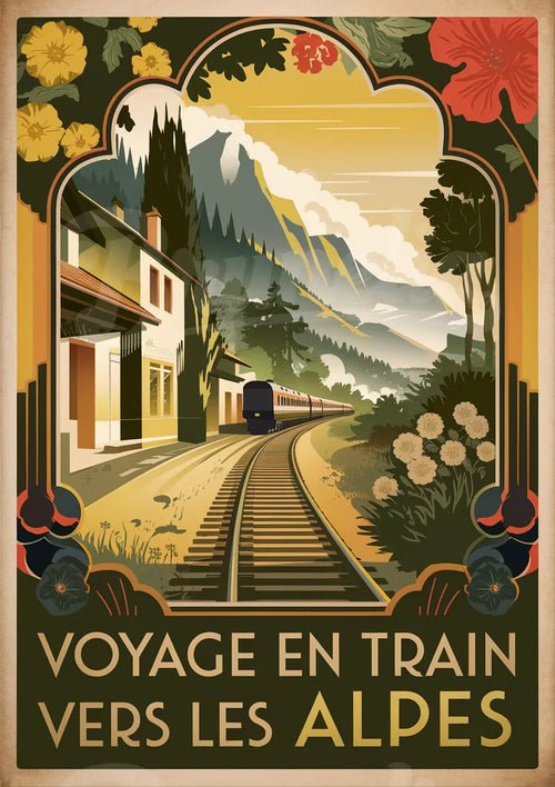 Affiche artistique – Voyage en train dans un décor alpin