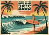 Affiche Surf Club avec surfeur, vagues et palmiers