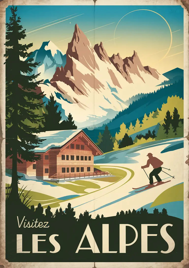 Affiche Visitez les Alpes chalet skieur aiguilles