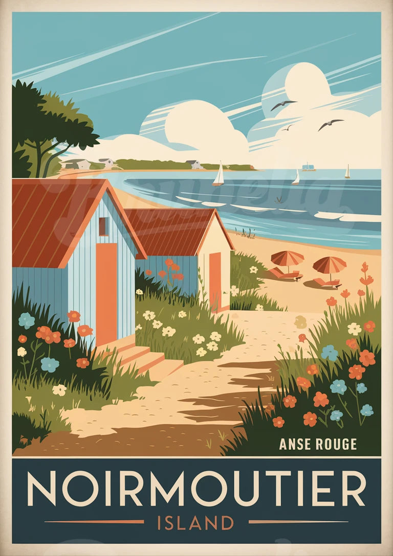 Affiche Noirmoutier Island cabane plage et voiliers