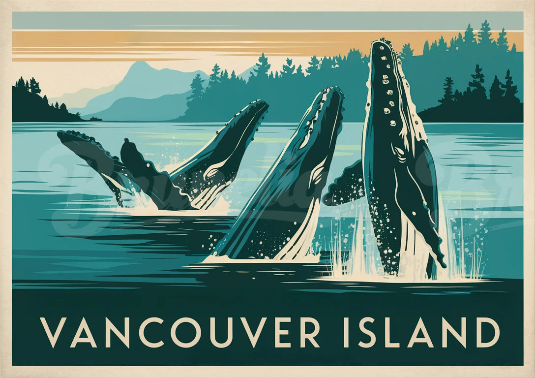 Affiche Vancouver Island baleines et montagnes côtière