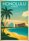 Affiche Honolulu Diamond Head et plage tropicale
