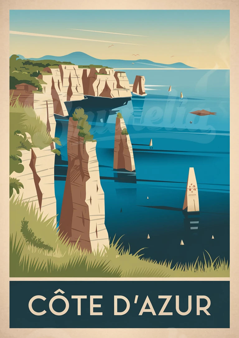 Affiche Côte d'Azur falaises blanches et voiliers