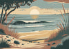 Affiche coucher de soleil sur plage côtière rétro
