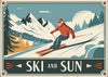 Affiche vintage de skieur en descente de montagne enneigée