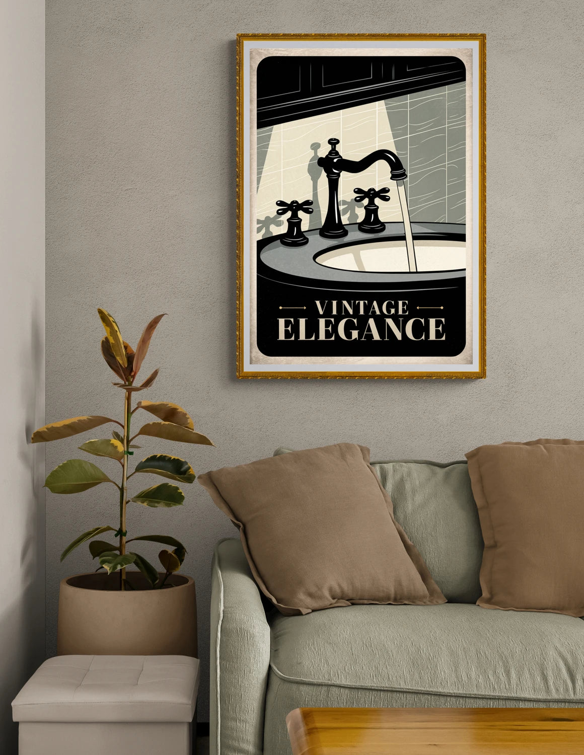 Mise en situation de Affiche robinet et lavabo rétro Vintage Elegance