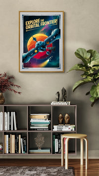 Affiche satellite exploration spatiale rétro futuriste