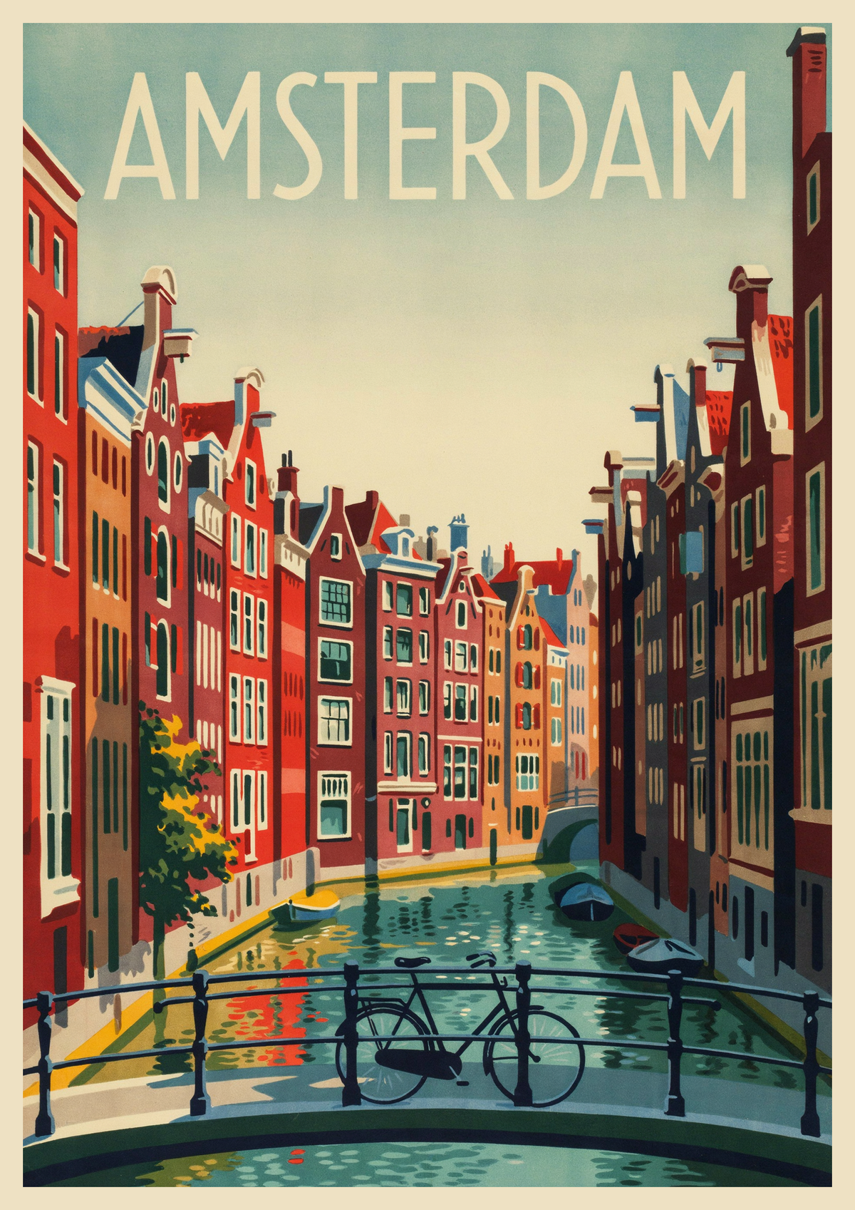 Affiche Amsterdam maisons à pignons bicyclette pont 1930