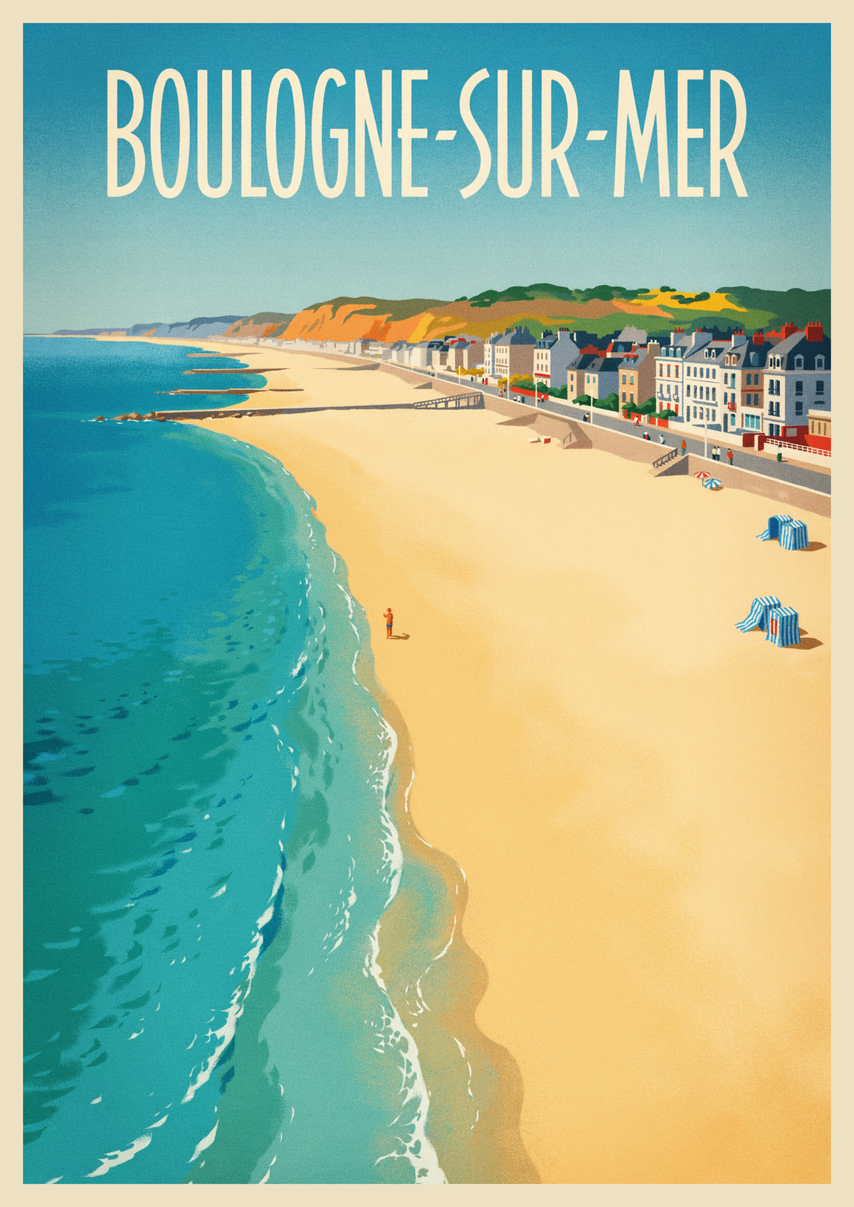 Affiche Boulogne-sur-Mer cabines rayées parasols falaises