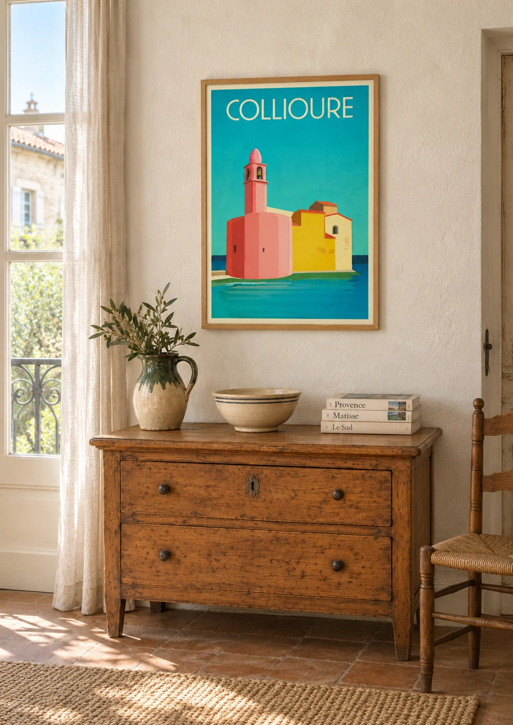 Affiche Collioure clocher Notre-Dame voiliers Vermeille, A2, vue éloignée