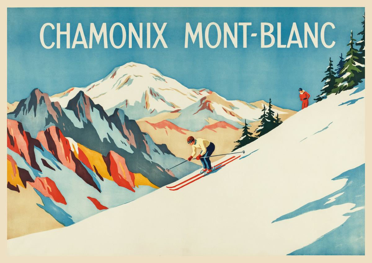 Affiche Chamonix Mont-Blanc skieuse Aiguilles descente