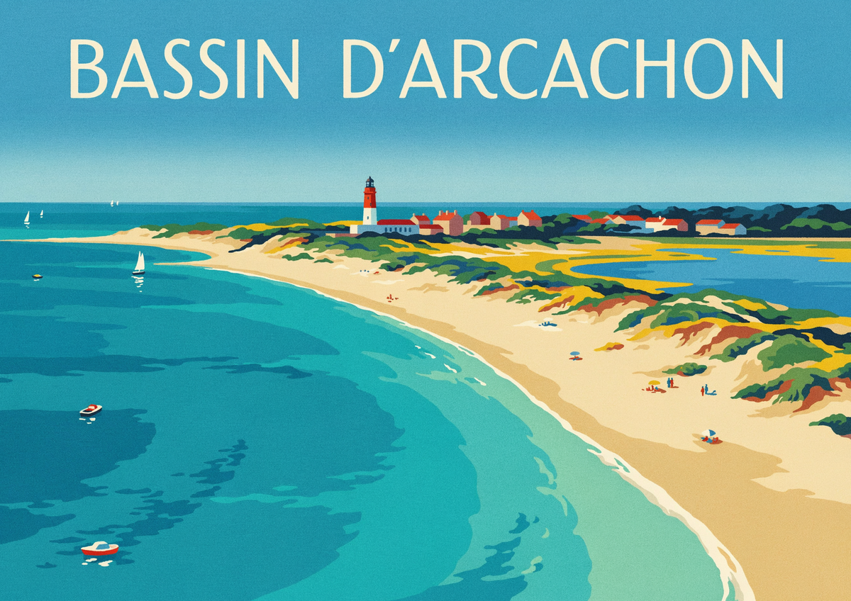 Affiche Bassin Arcachon phare voiliers Art déco coucher