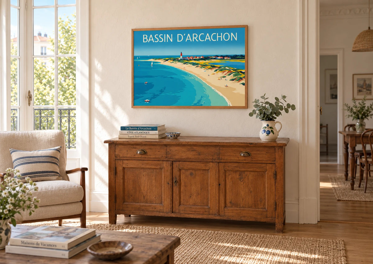 Affiche Bassin Arcachon phare voiliers Art déco coucher, A2, vue éloignée