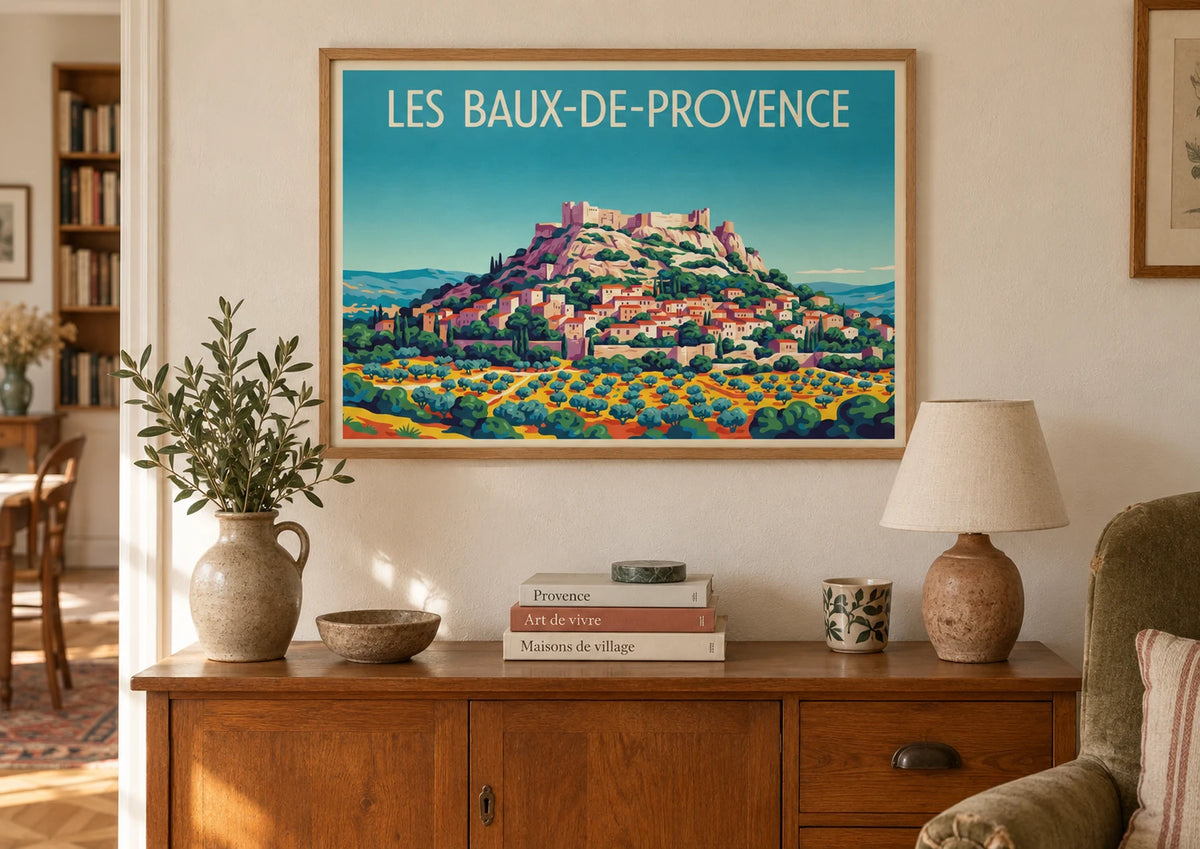 Mise en situation de Affiche Les Beaux de Provence lavandes village cyprès