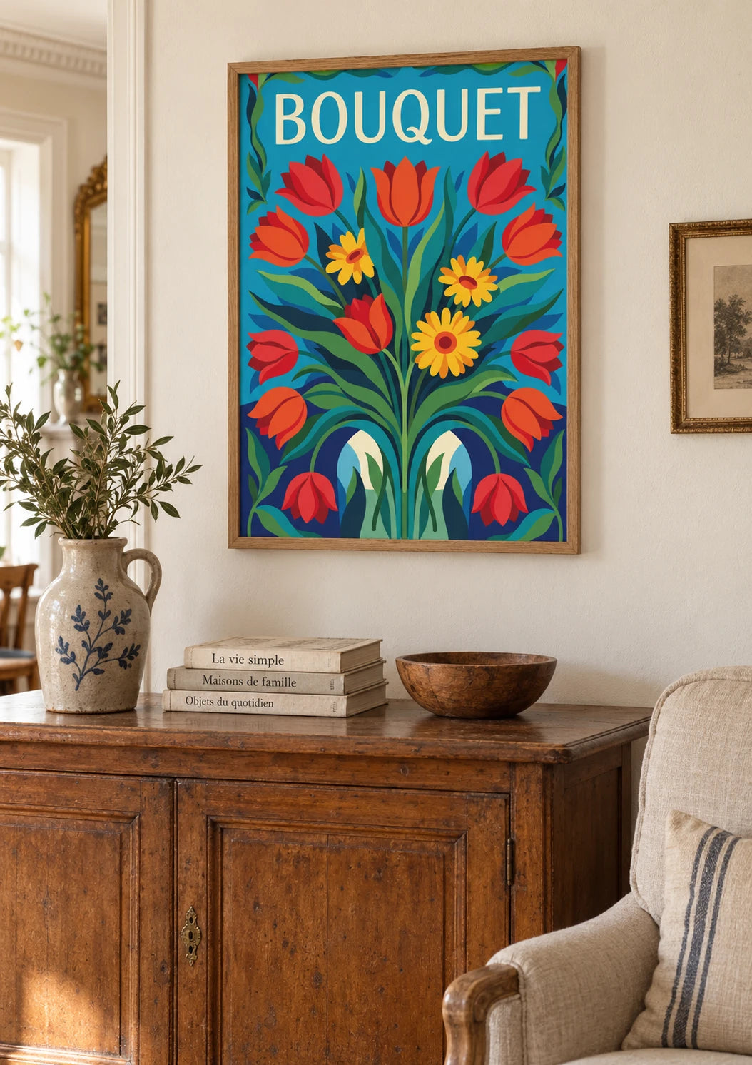 Mise en situation de Affiche Flower Marten Paper bouquet symétrique mid-century