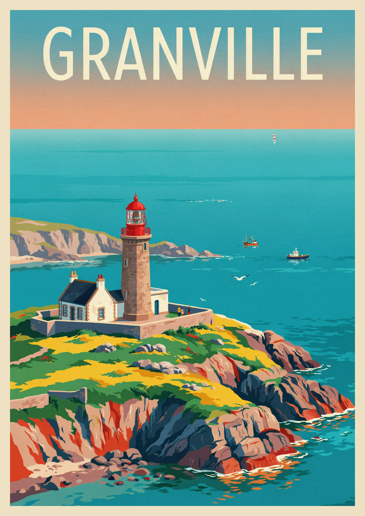 Affiche Granville phare rouge falaises normandes pêche