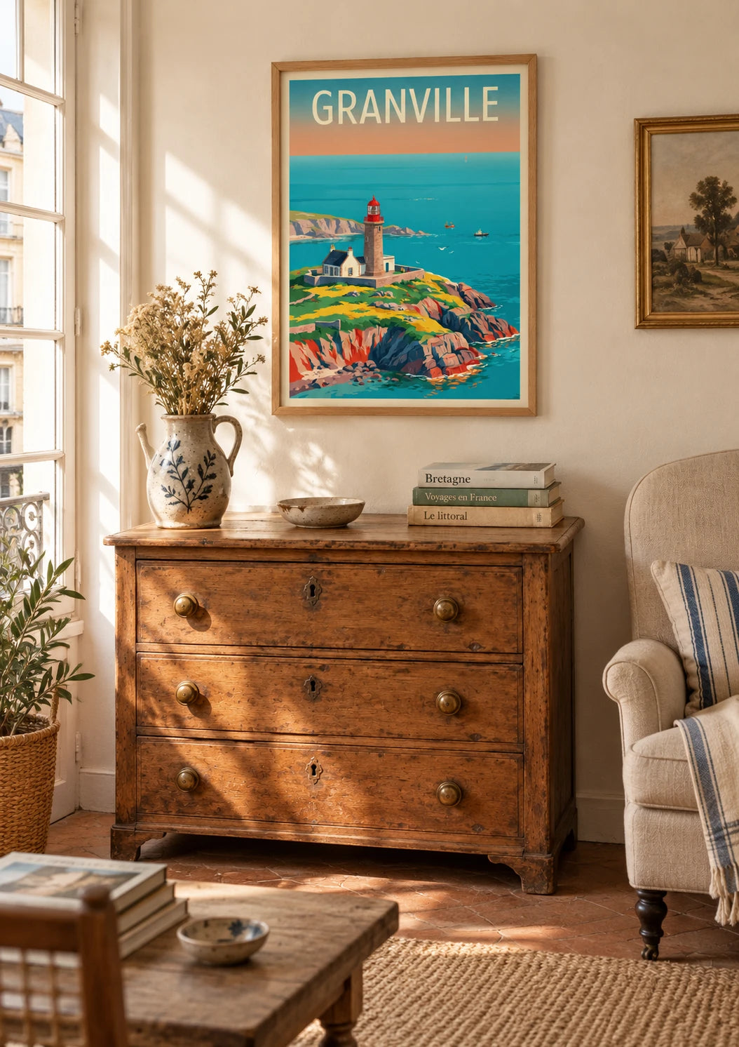 Affiche Granville phare rouge falaises normandes pêche, A2, vue éloignée