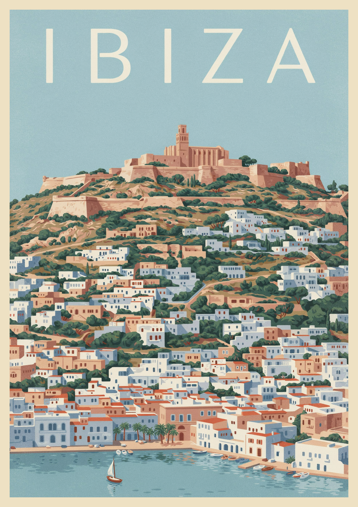 Affiche Discover Ibiza falaises ocres maisons blanches voiliers