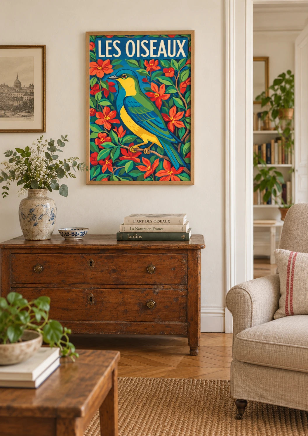 Chambre : mise en situation de Affiche Les Oiseaux oiseau art déco feuillages