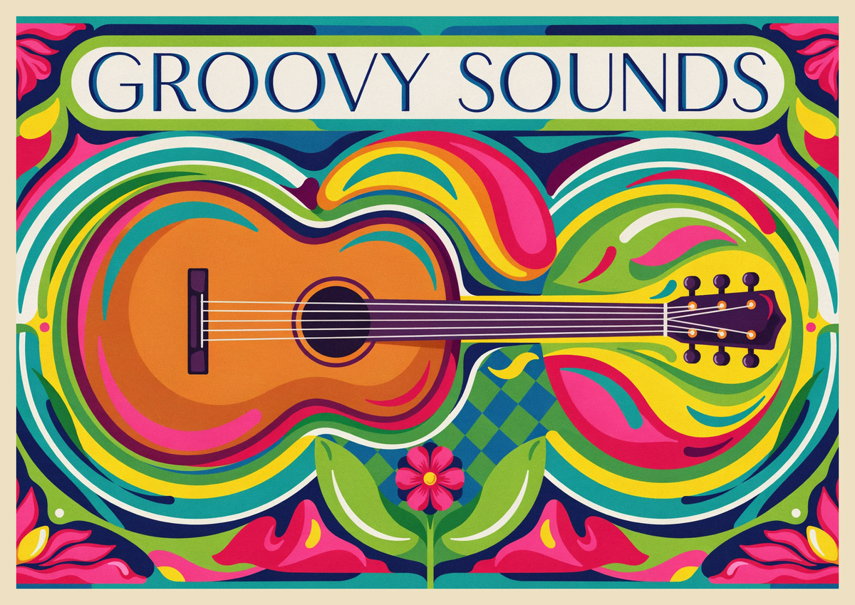 Affiche guitare acoustique psychédélique années 70