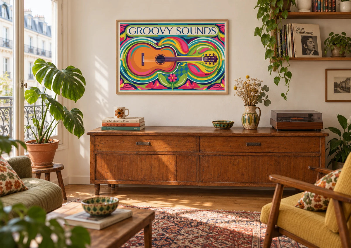 Affiche guitare acoustique psychédélique années 70, A2, vue éloignée