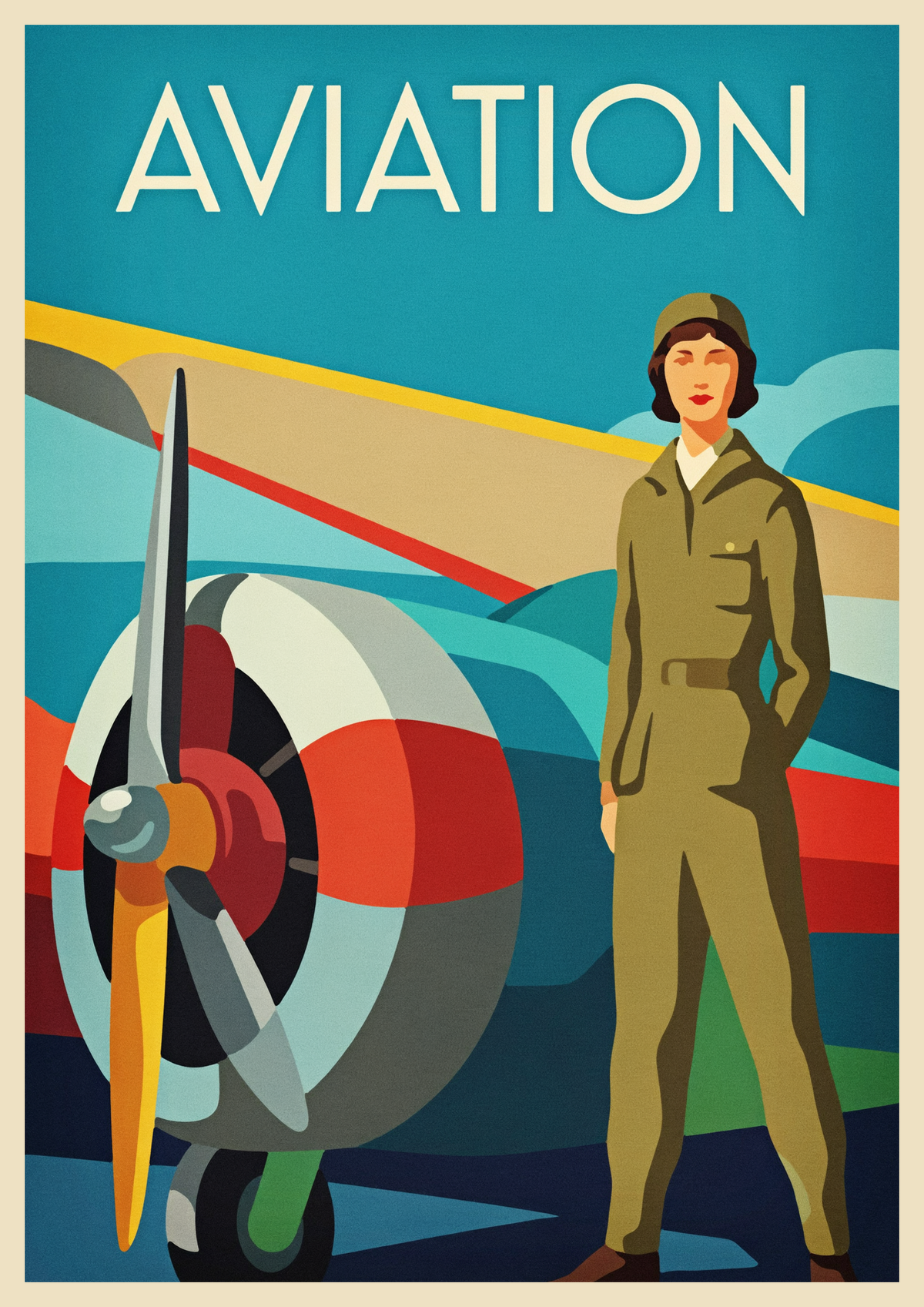 Affiche femme aviateur avion de chasse années 1940