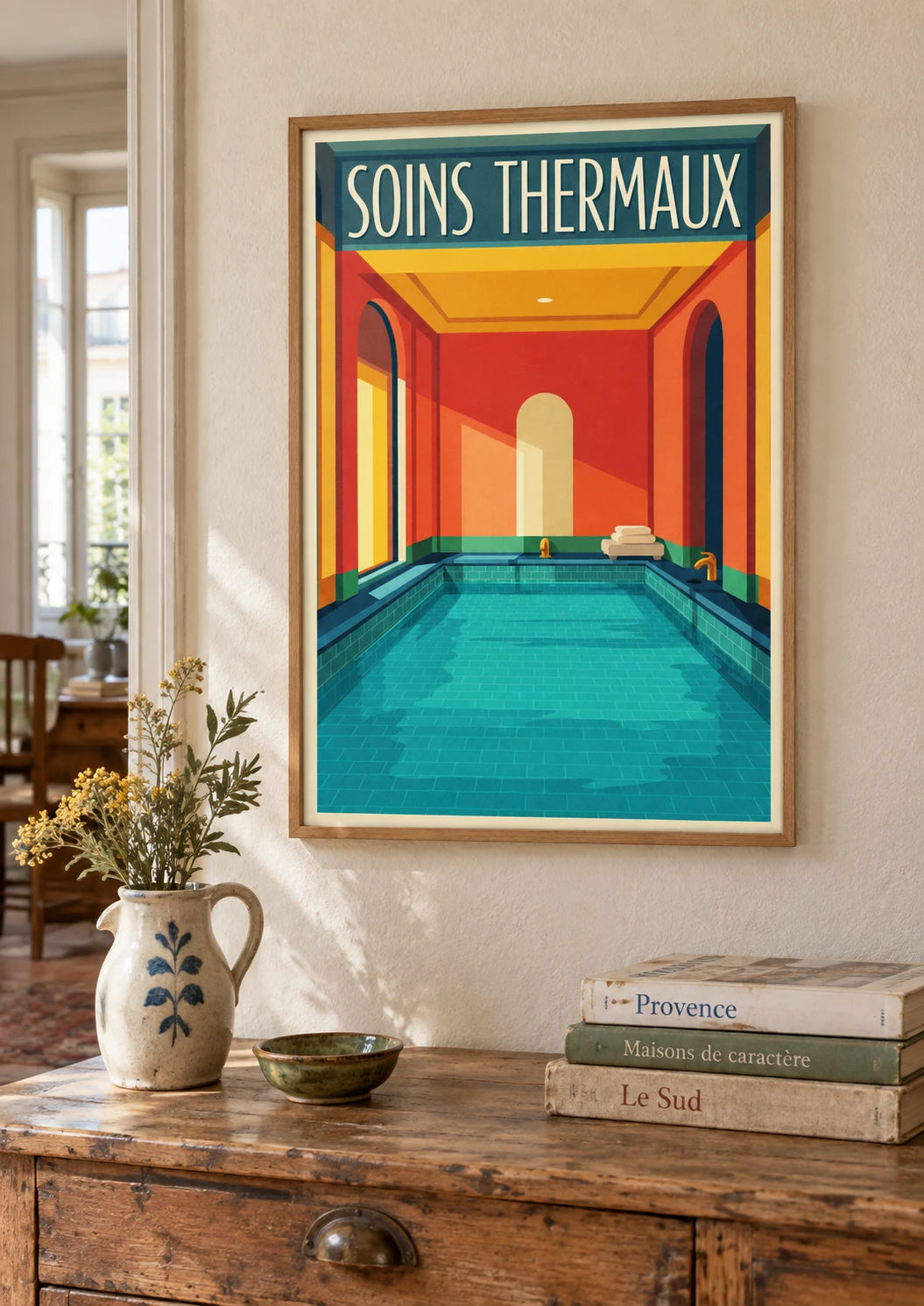 Mise en situation de Affiche Soro's Spa femme versant l'eau thermale Art déco