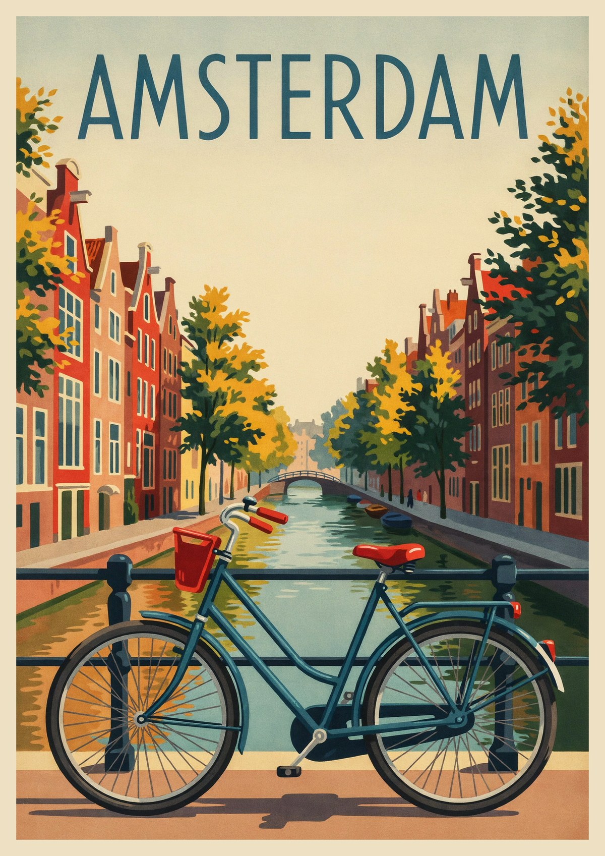 Affiche Amsterdam vélo pont maisons néerlandaises