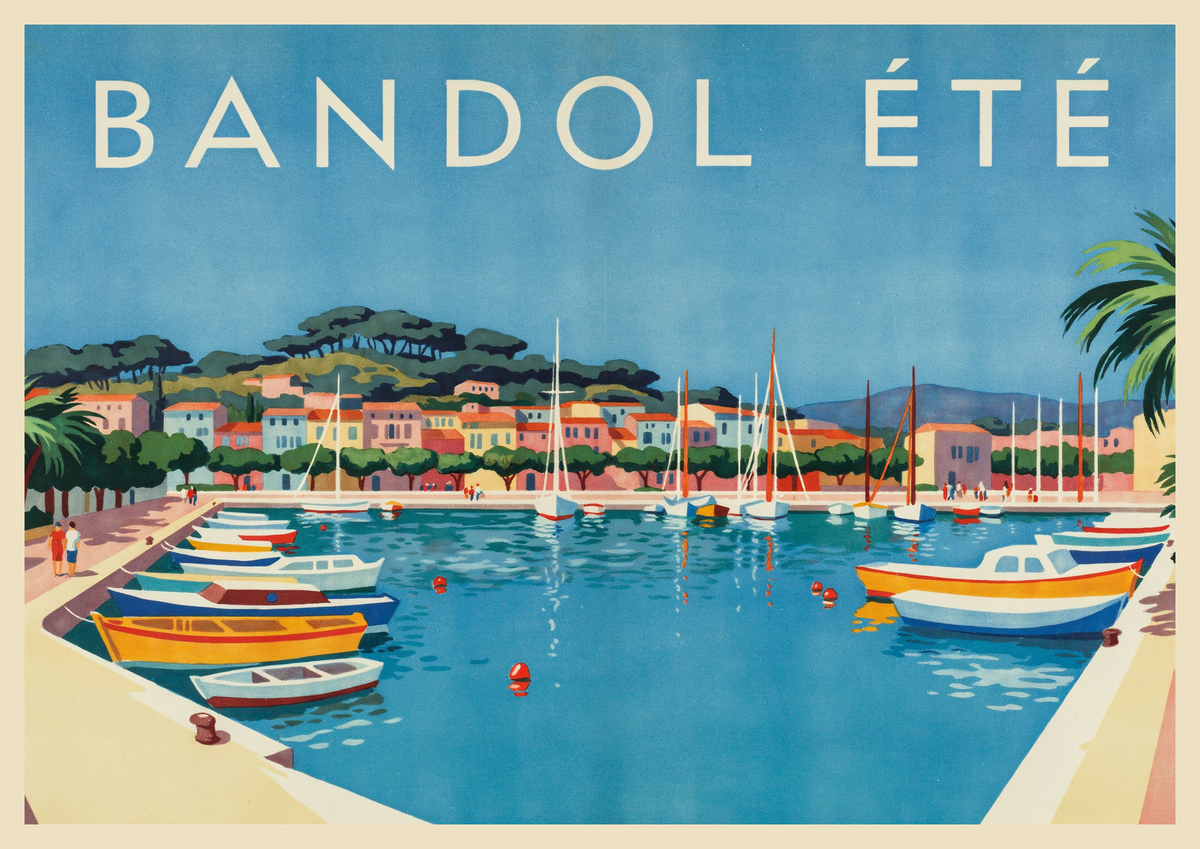 Affiche Bandol Été port méditerranéen bateaux palmiers