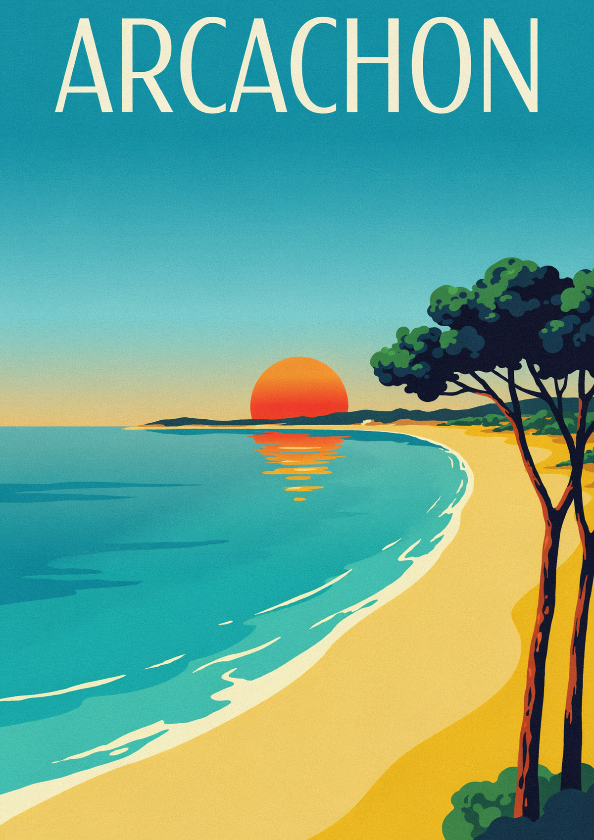 Affiche Plage palmier coucher de soleil Arcachon