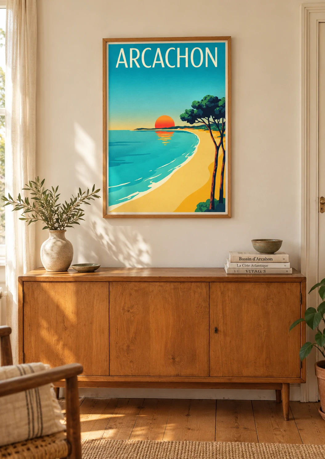 Mise en situation de Affiche Plage palmier coucher de soleil Arcachon