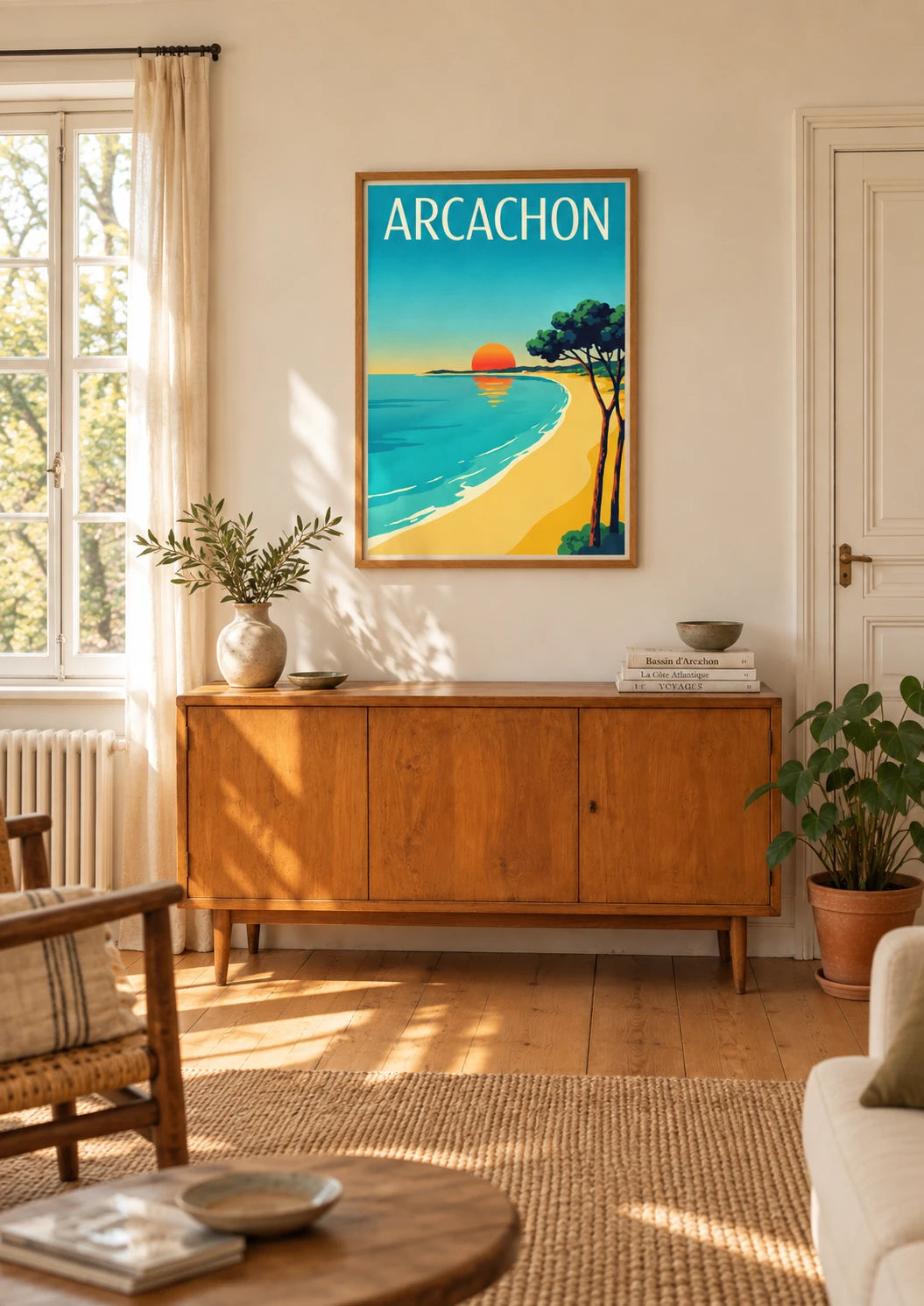 Affiche Plage palmier coucher de soleil Arcachon, A2, vue éloignée