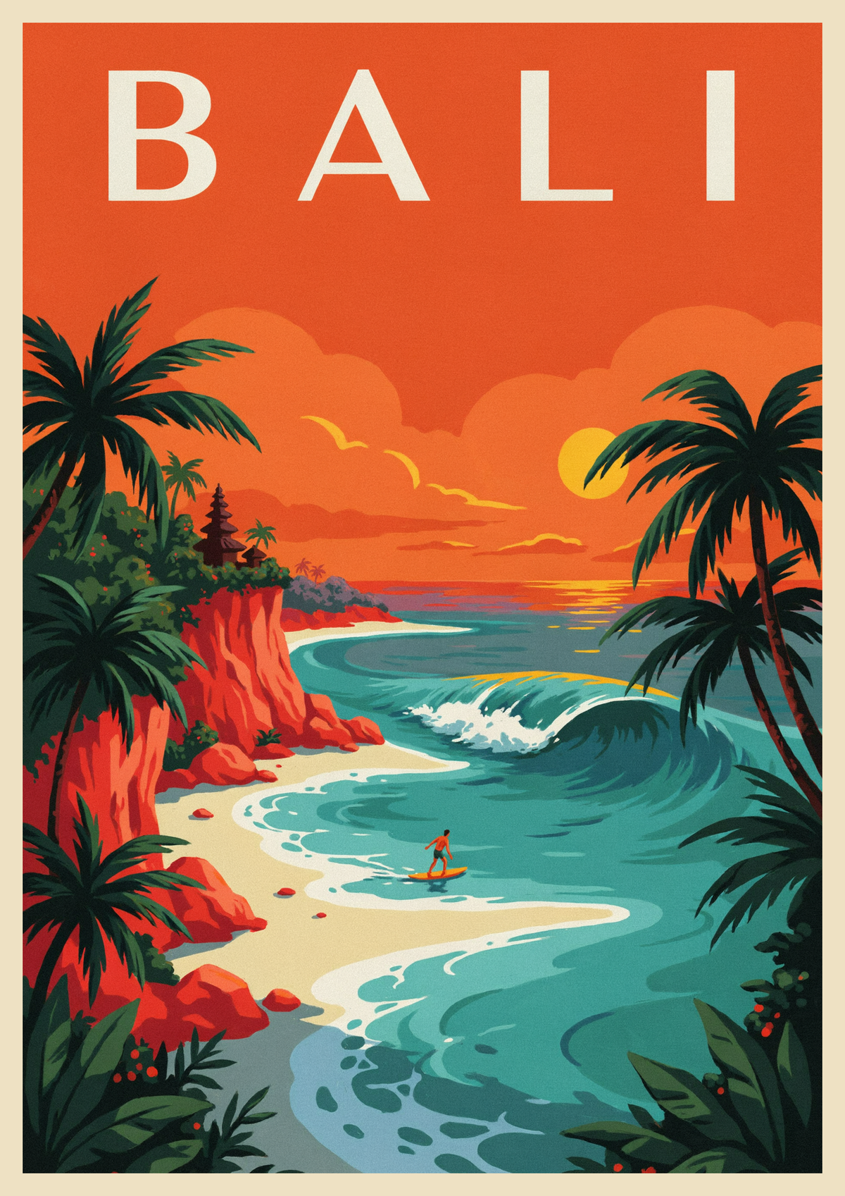 Affiche Bali Surfeur Coucher de Soleil Tropical