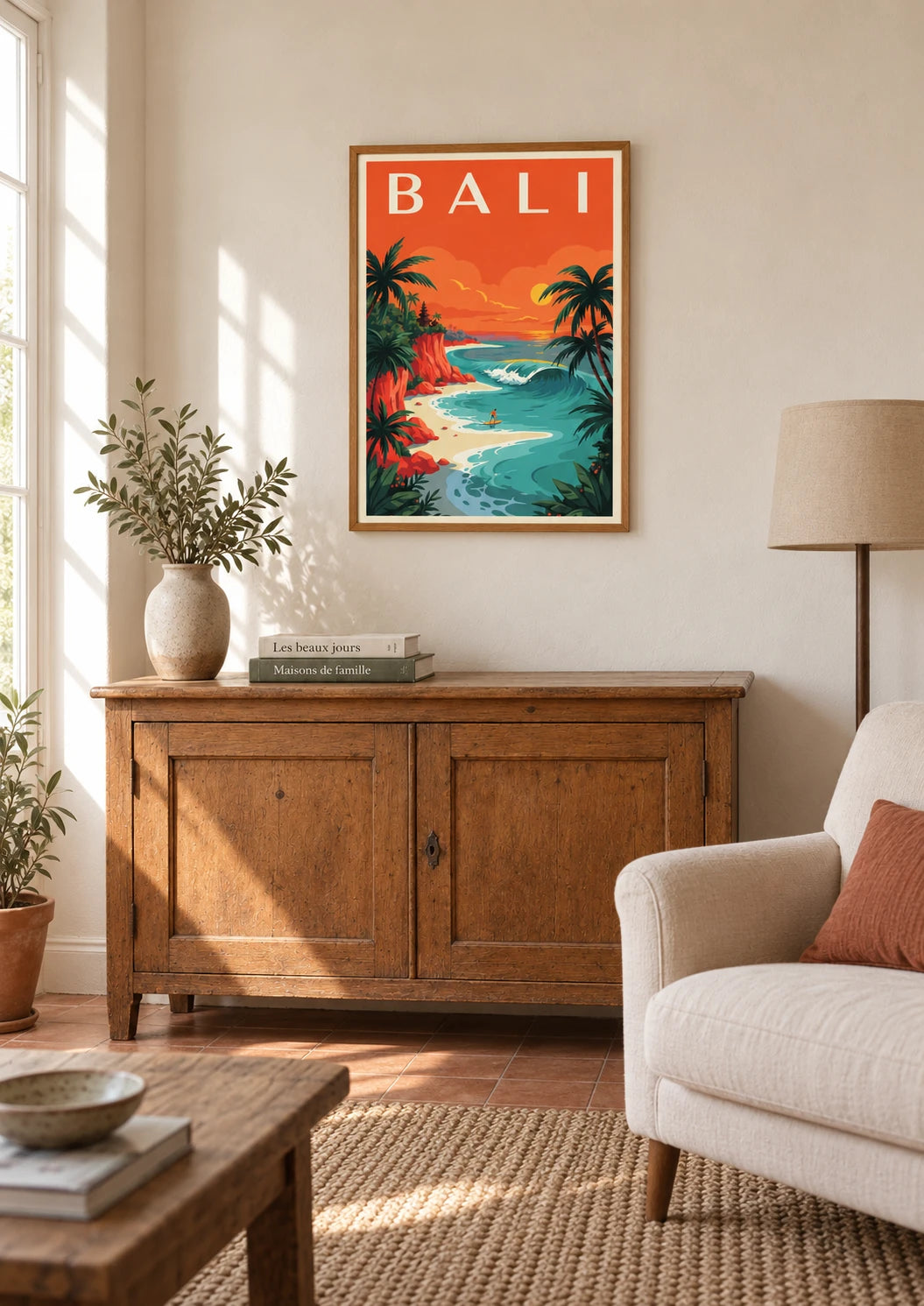 Affiche Bali Surfeur Coucher de Soleil Tropical, A2, vue éloignée