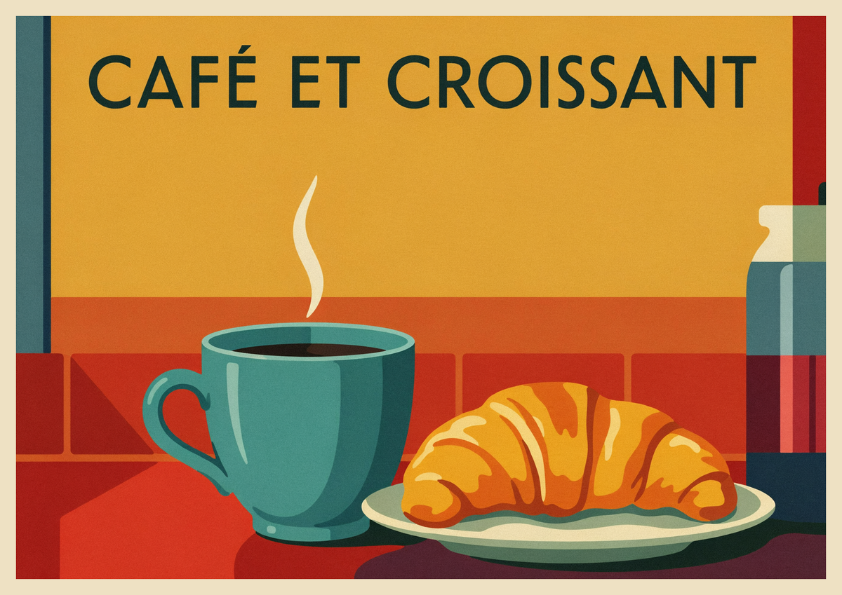 Affiche petit-déjeuner français café croissant années 50
