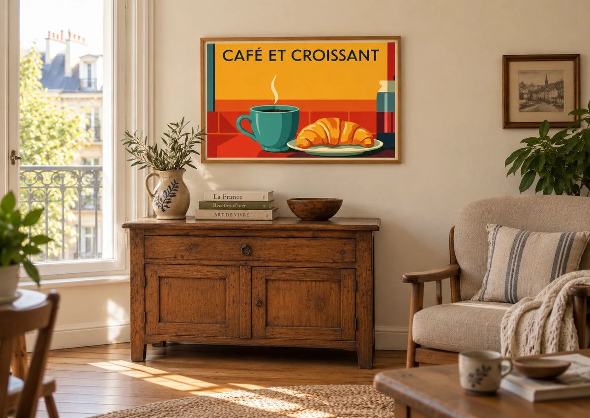 Affiche petit-déjeuner français café croissant années 50, A2, vue éloignée