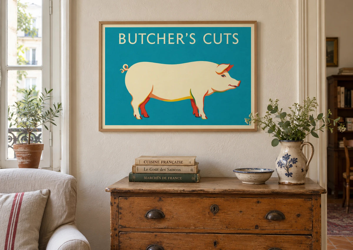 Mise en situation de Affiche Butcher's Cuts découpe porc vintage