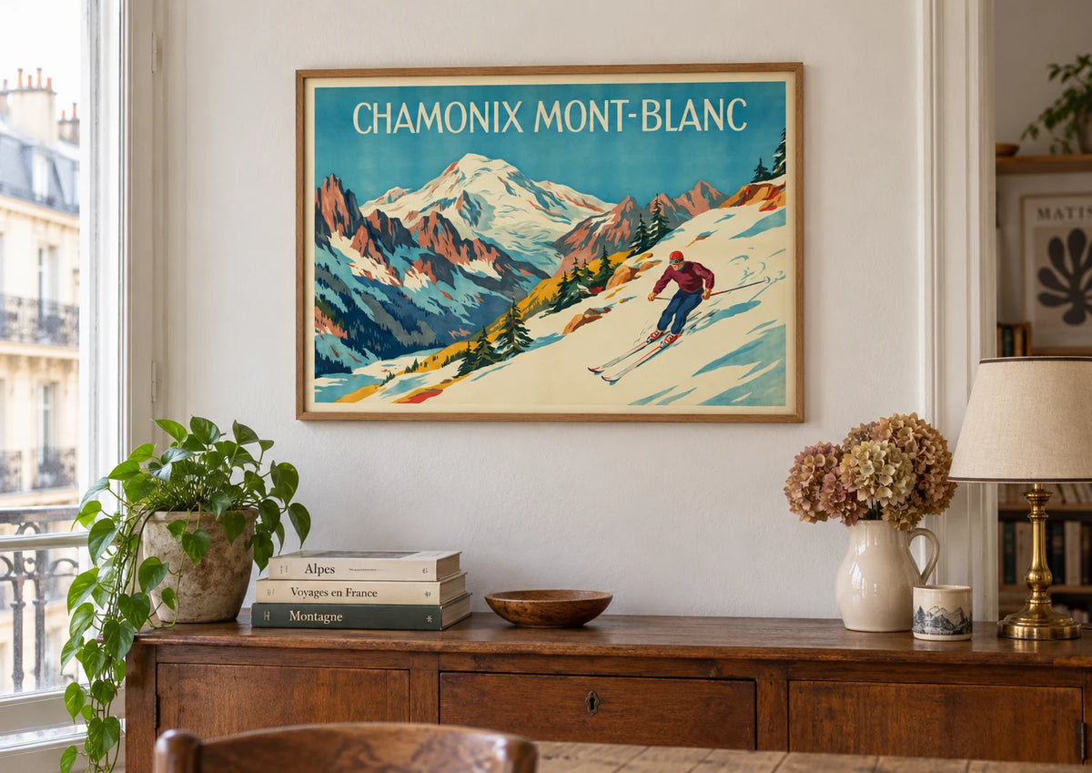 Mise en situation de Affiche Chamonix Mont-Blanc skieur Art déco