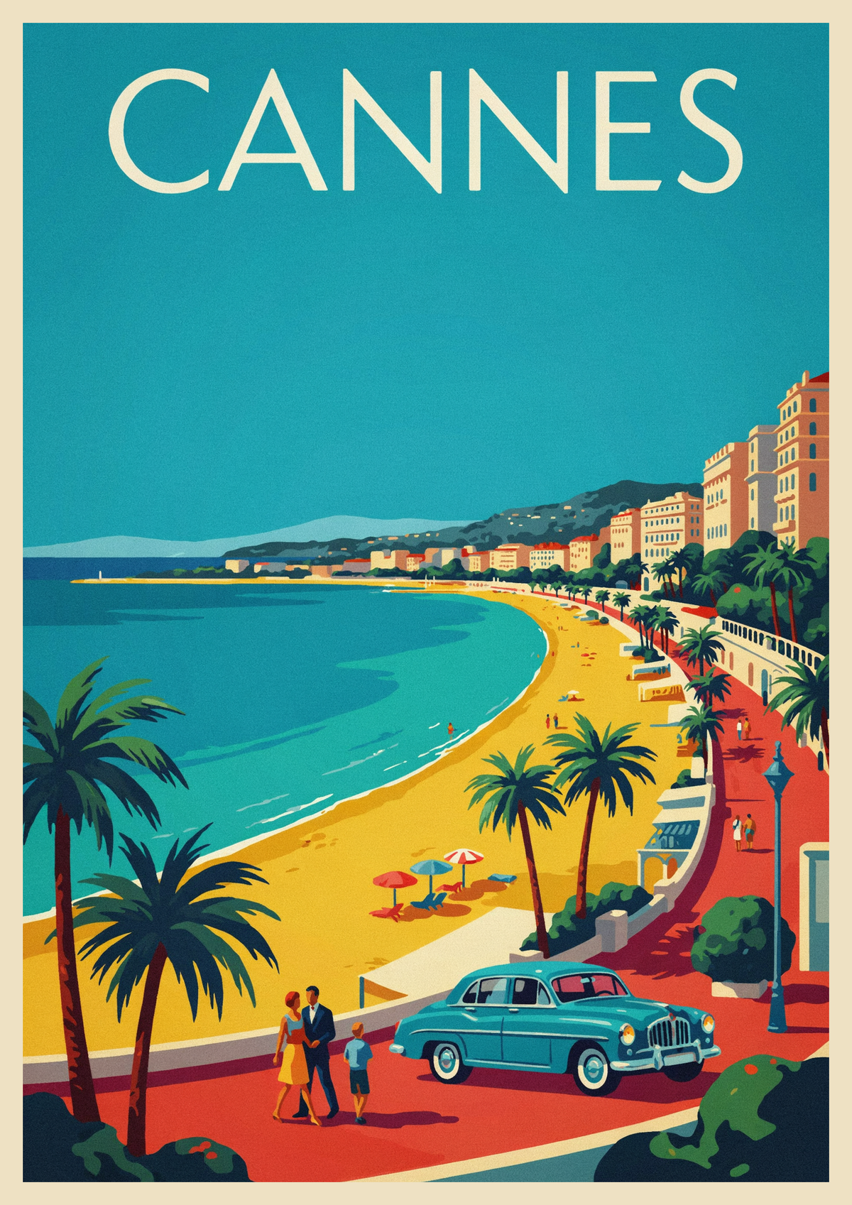 Affiche Cannes années 1950 voiture et plage méditerranéenne