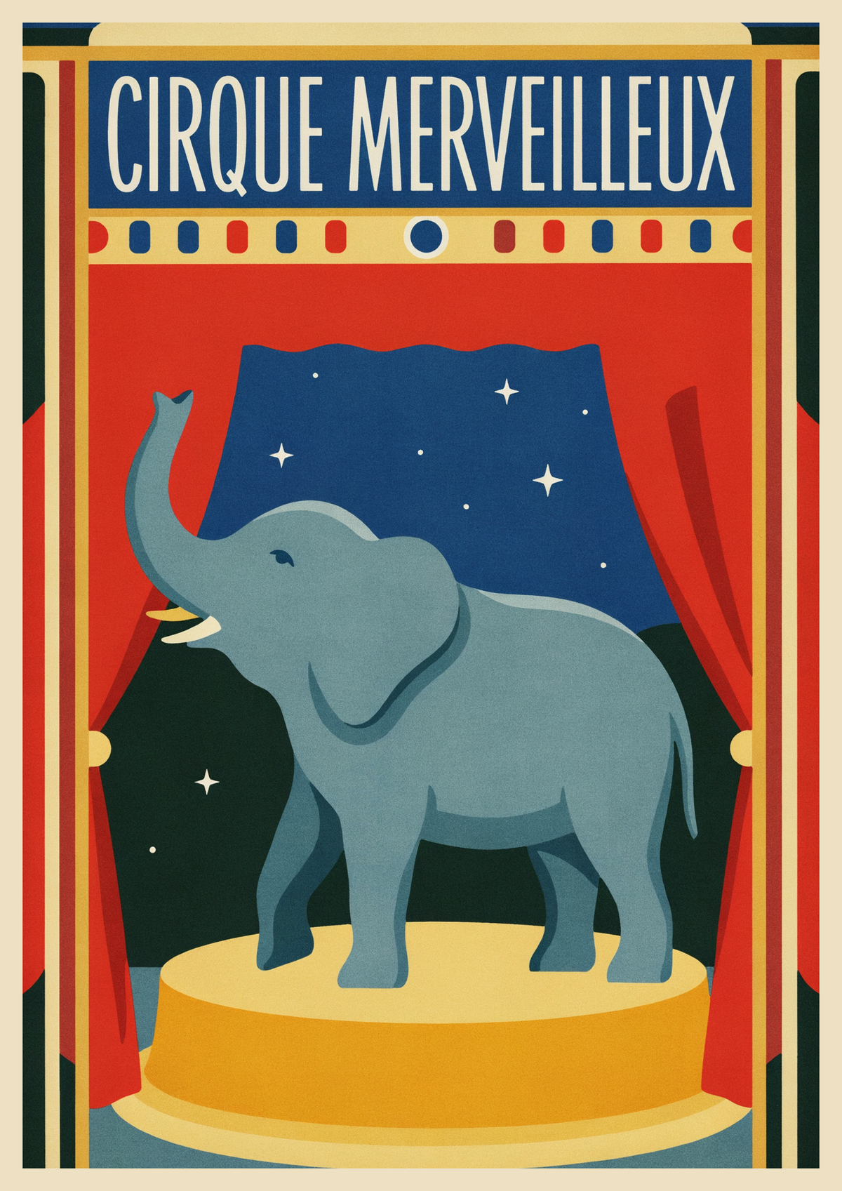 Affiche Merveilleux éléphant dressé Art Déco Cirque