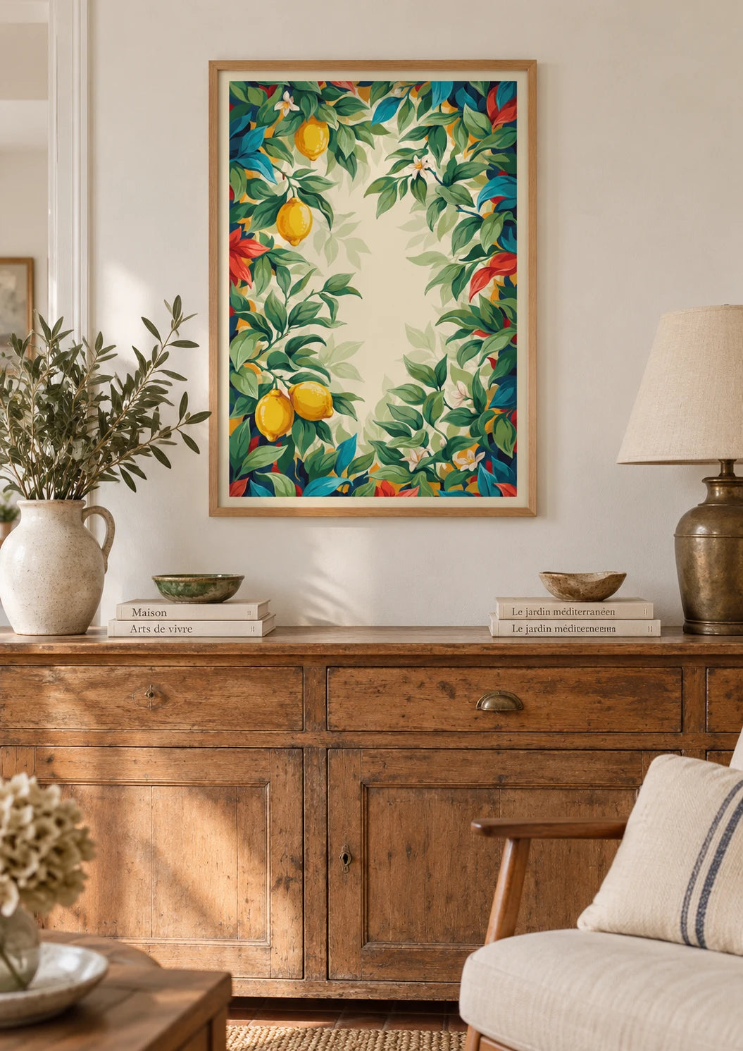Affiche botanique citron jaune et branche fleurie, A2, vue normale
