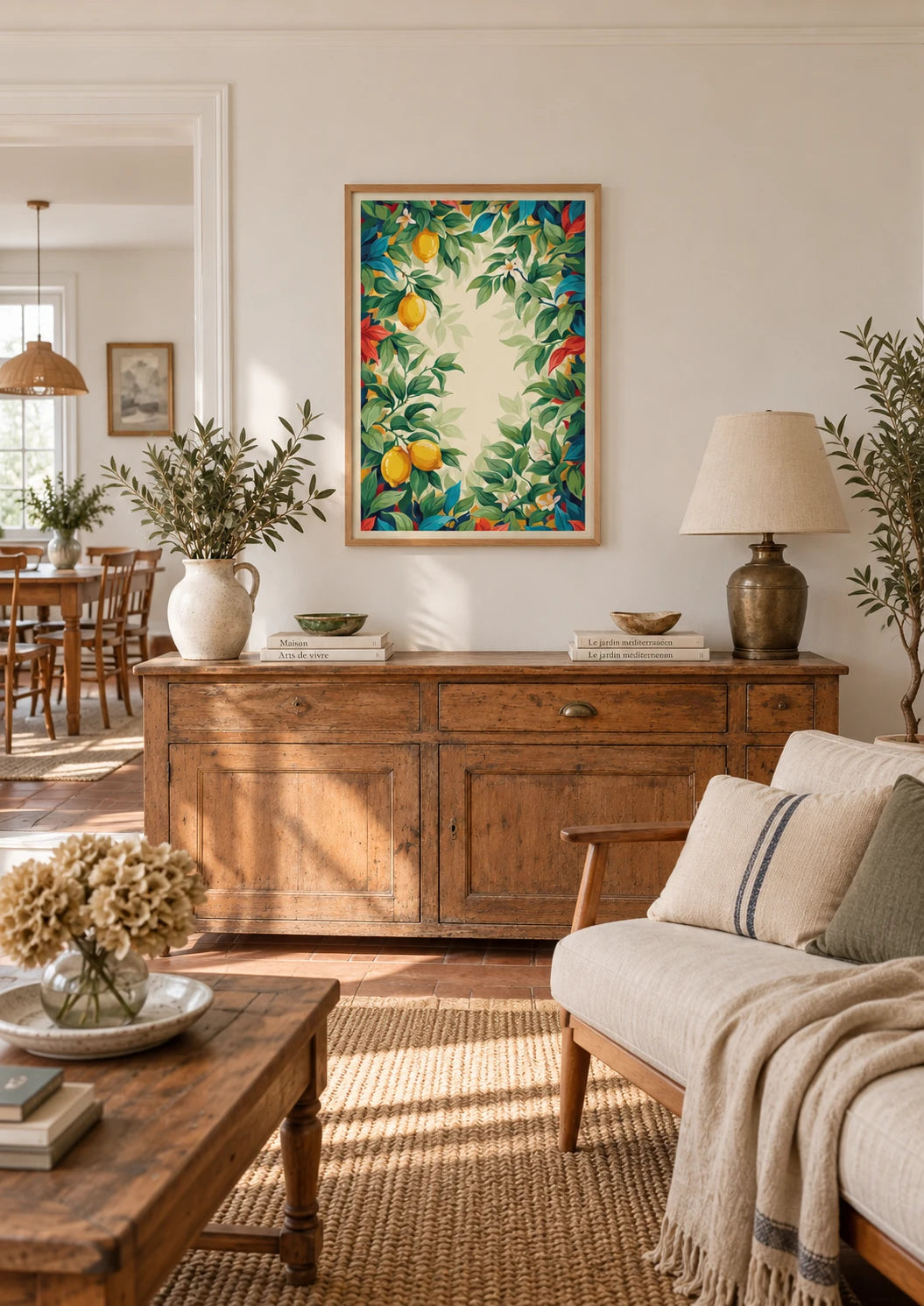 Chambre : mise en situation de Affiche botanique citron jaune et branche fleurie
