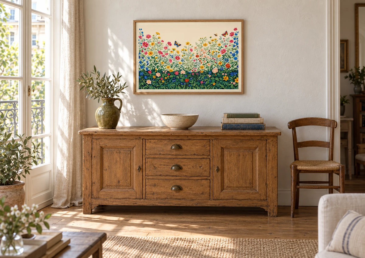 Chambre : mise en situation de Affiche illustration fleurs et insectes style naturaliste